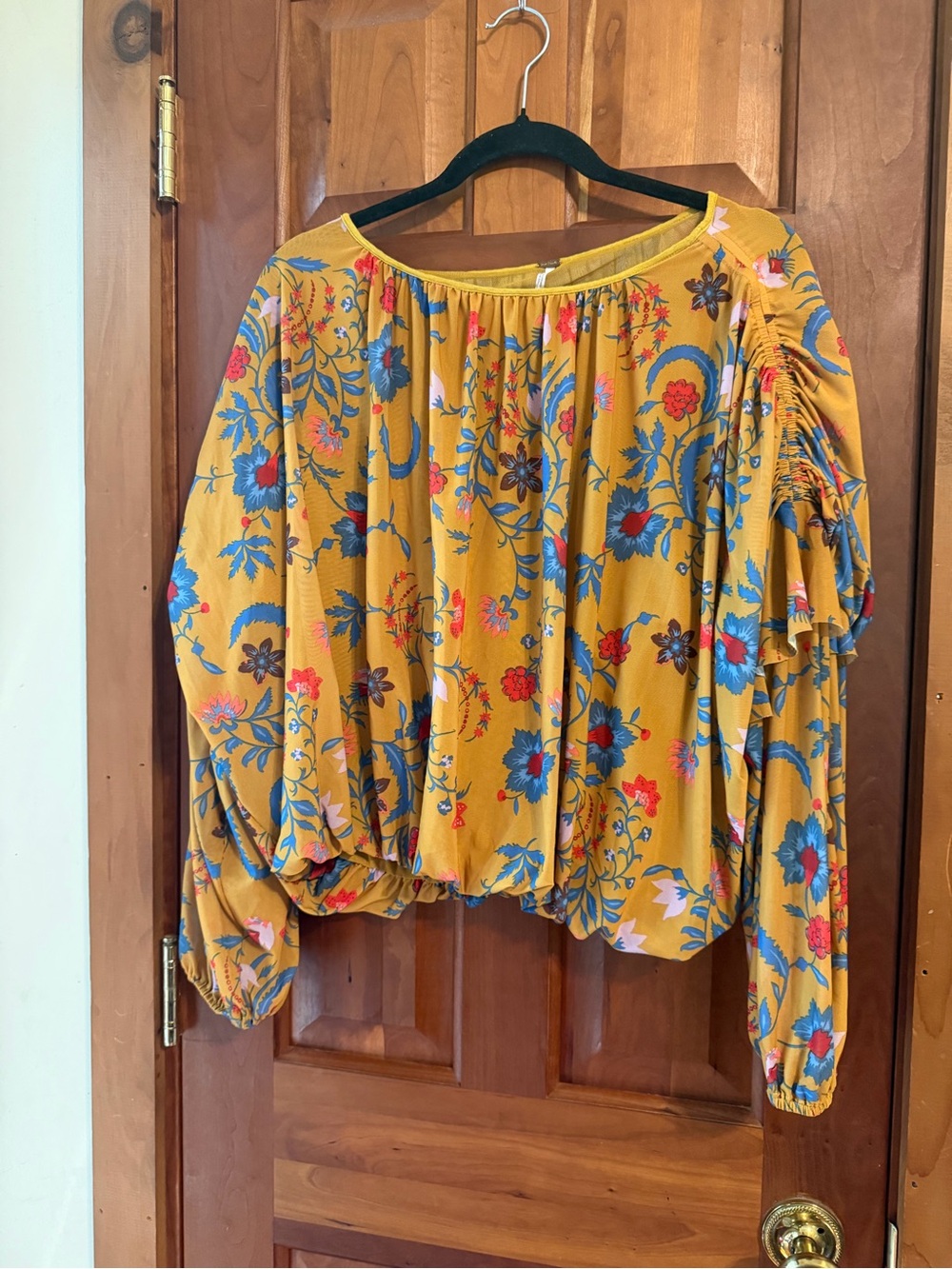 Free People Mustard Floral Peasant Blouse - Women Tops